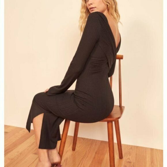 Reformation Nessa Dress Ribbed Maxi Length High Neck Long Sleeve Black Medium - Picture 3 of 12